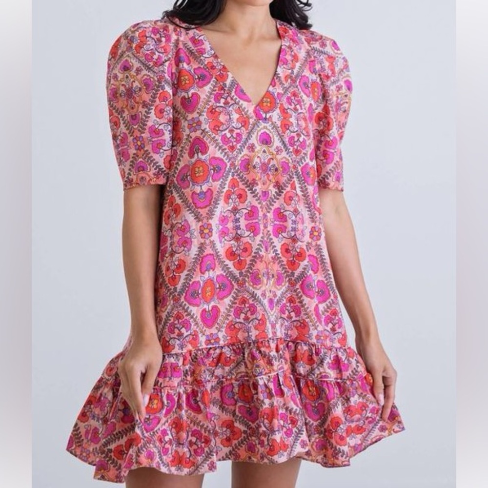 Karlie Pink Floral V Neck Puff Sleeve Ruffle Drop Waist Mini Dress